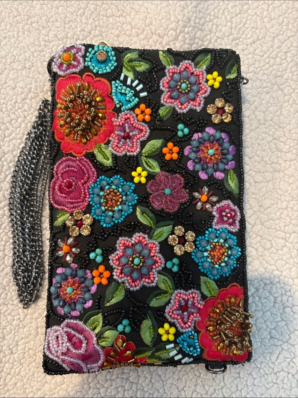 Mary Frances Black Floral Beaded Crossbody Clutch with Multi-Color Embroidery